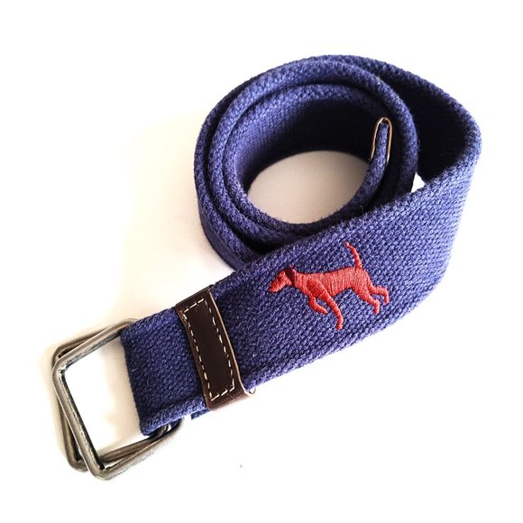 Blue fabric kids belt with embroidered dogs. - Picture 3 of 6